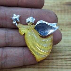 Stunning Vintage‎ AAI Silver Toned Glitter Lucite Acrylic Angel Brooch